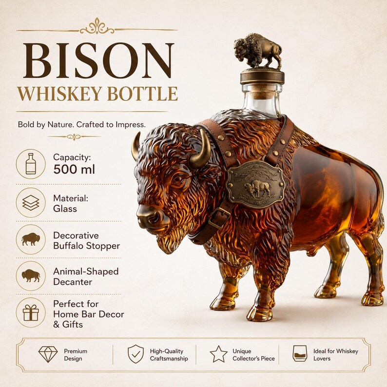🐃 Bison Whiskey Decanter – 500ml Glass Buffalo Liquor Bottle & Bar Decor 🥃