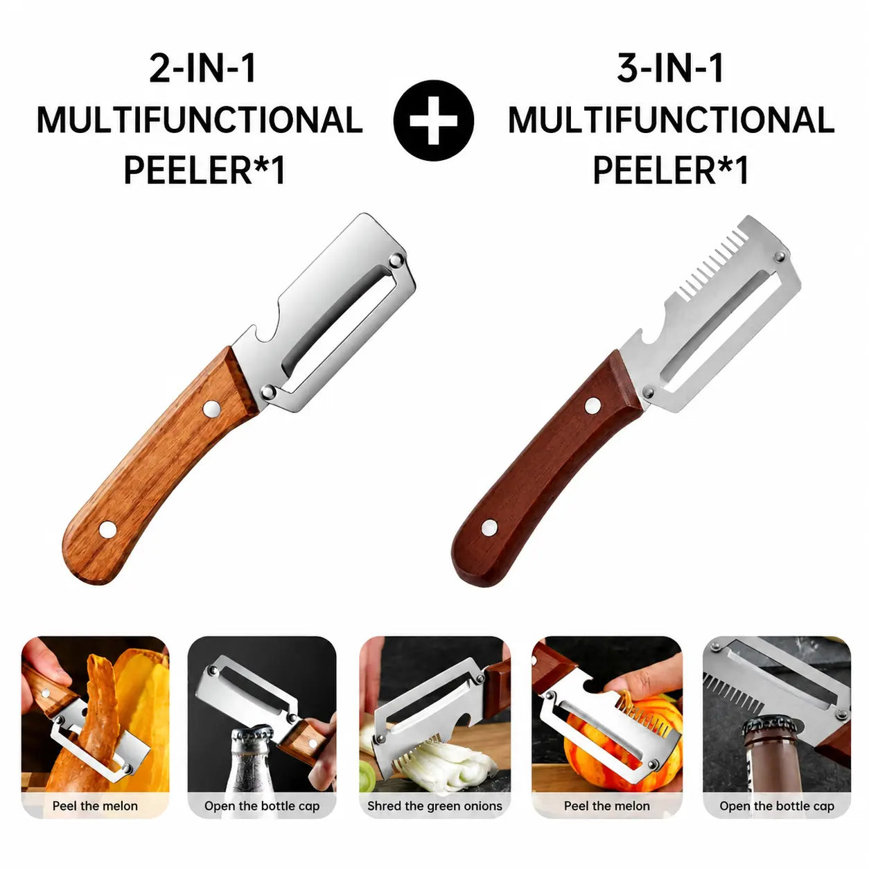 2 PCS Wood Handle Multifunction Kitchen Peeler for Peel, Slice & Bottle Opening
