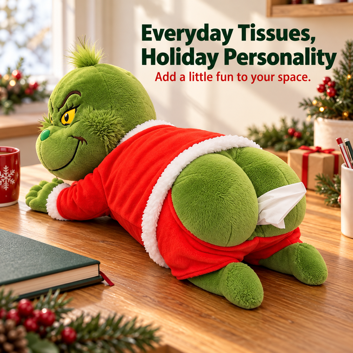 π Grinch Plush Tissue Box Cover | Funny Christmas Grinch Tissue Holder, Festive Home Decor & Novelty Holiday Gift