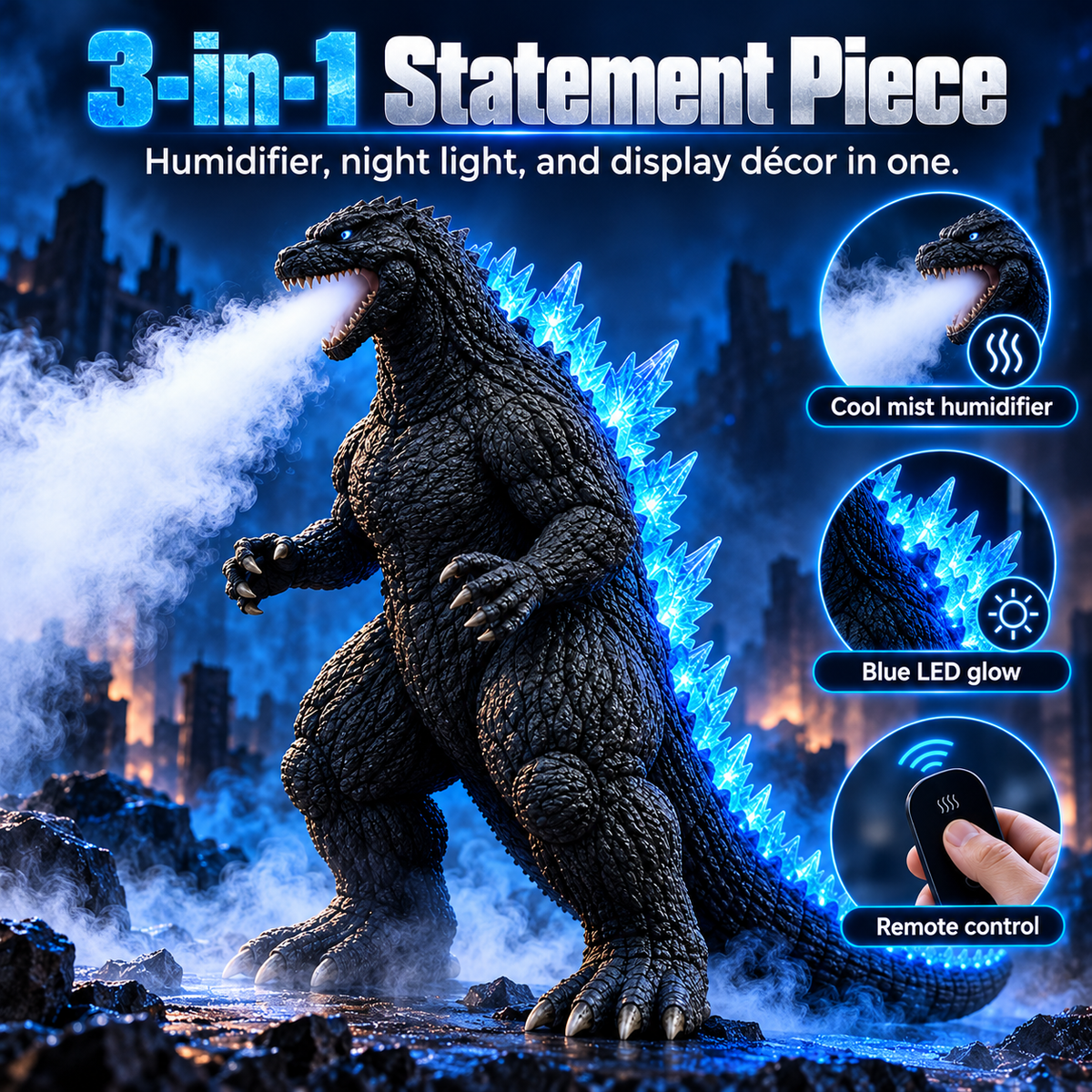 ๐๐ Kaiju Mist Diffuser Humidifier โ Cool Mist, Blue LED Glow & Remote Control