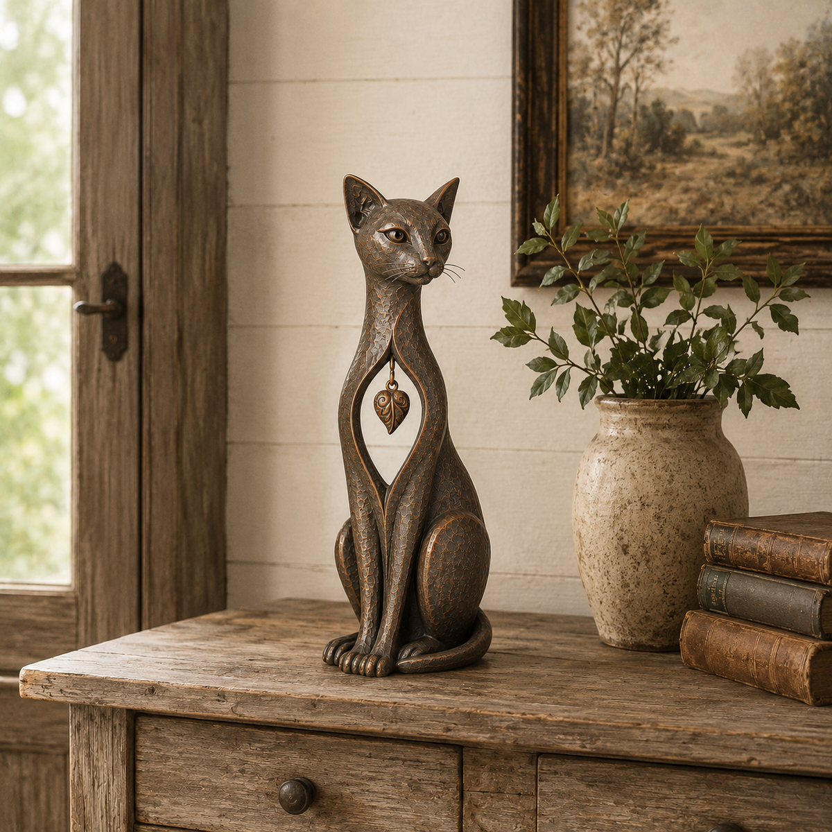 🔥Vintage Bronze Cat Sculpture with Hanging Leaf Charm