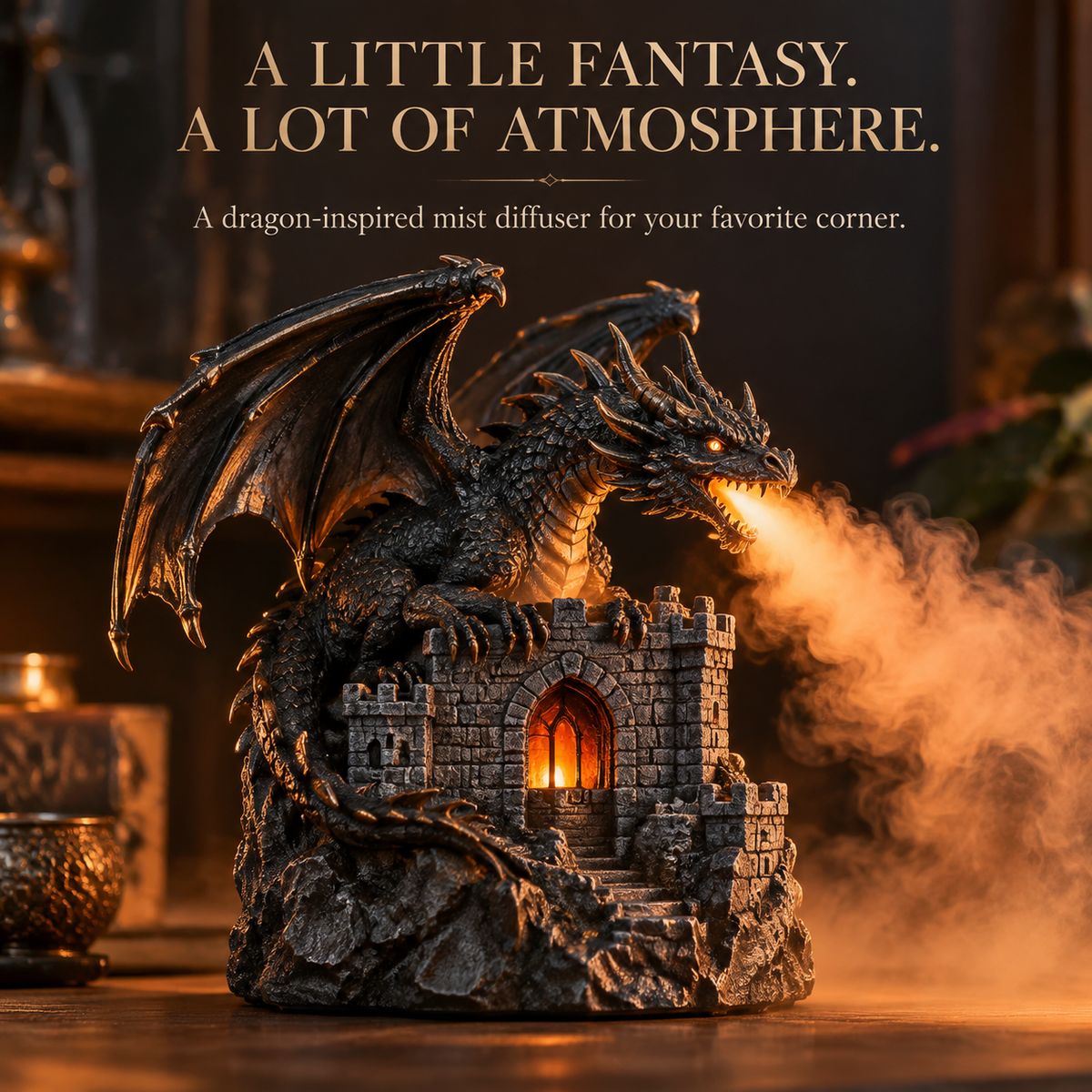 🐉🔥 MistWyrm™ Dragon Flame Mist Diffuser – Gothic Castle Decor, Glowing Ember Mist & Fantasy Bookshelf Display