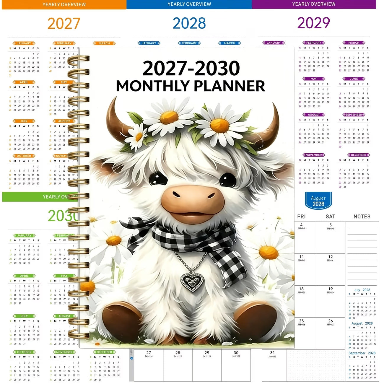 🐮 2026-2030 Calendar 📅 - From January 2026 to December 2030, 5-year calendar, cartoon Highland cow themed cover design, annual calendar planning, month labels, 60-month calendar