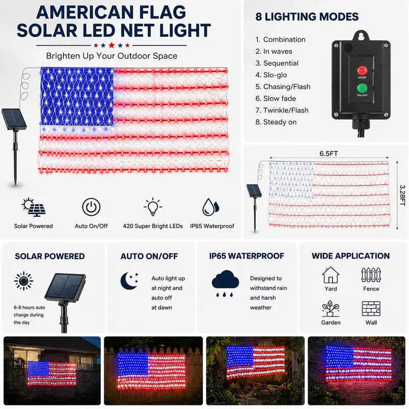 🔥HOT SALE 50% OFF🎆🇺🇸 Solar American Flag Lights Outdoor American Flag Net Lights 6.5ft x 3.28ft Super Bright