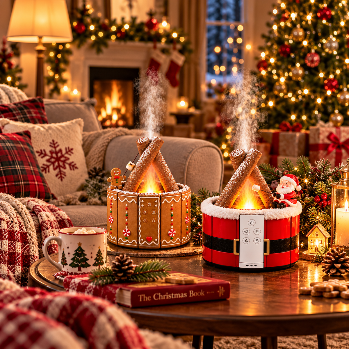๐ MerryMist Christmas Campfire Aroma Diffuser โ Cozy Flame-Style Glow, Festive Mist & Adorable Santa/Gingerbread Designs