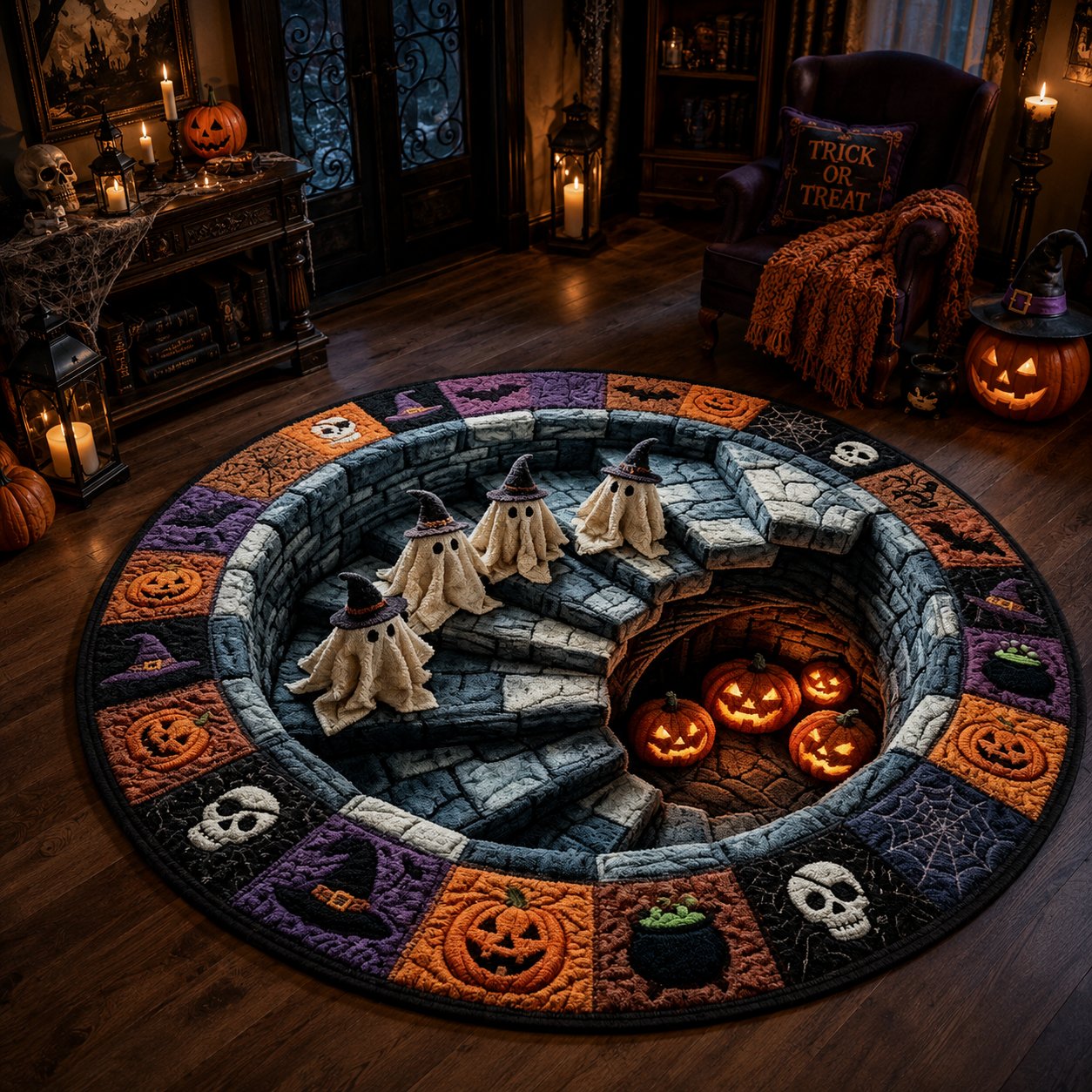 🔥HOT SALE 50%OFF👻3D Haunted Staircase Round Rug – Spooky Halloween Optical Illusion