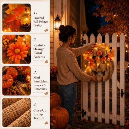 👻50% OFF TODAY🎃 Lighted Burlap Pumpkin Wreath🕯️