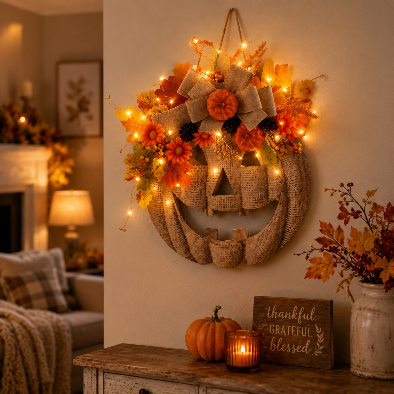 👻50% OFF TODAY🎃 Lighted Burlap Pumpkin Wreath🕯️