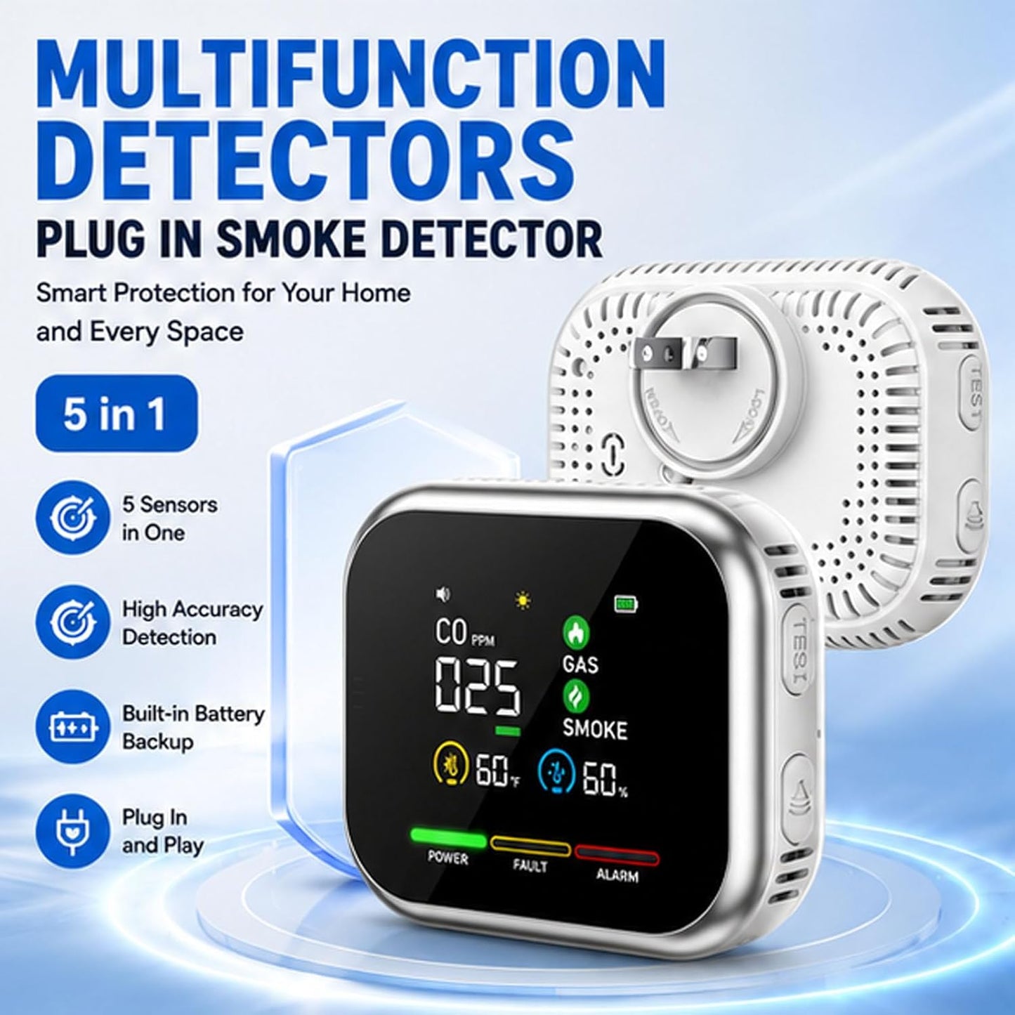 ⚡️2026 New Portable Environment Detector with HD Display Temperature Humidity, 5-in-1 Plug in Sensors, Built-in Battery for Home, RV, Hotel, Camping, Car, Travel 1PCS