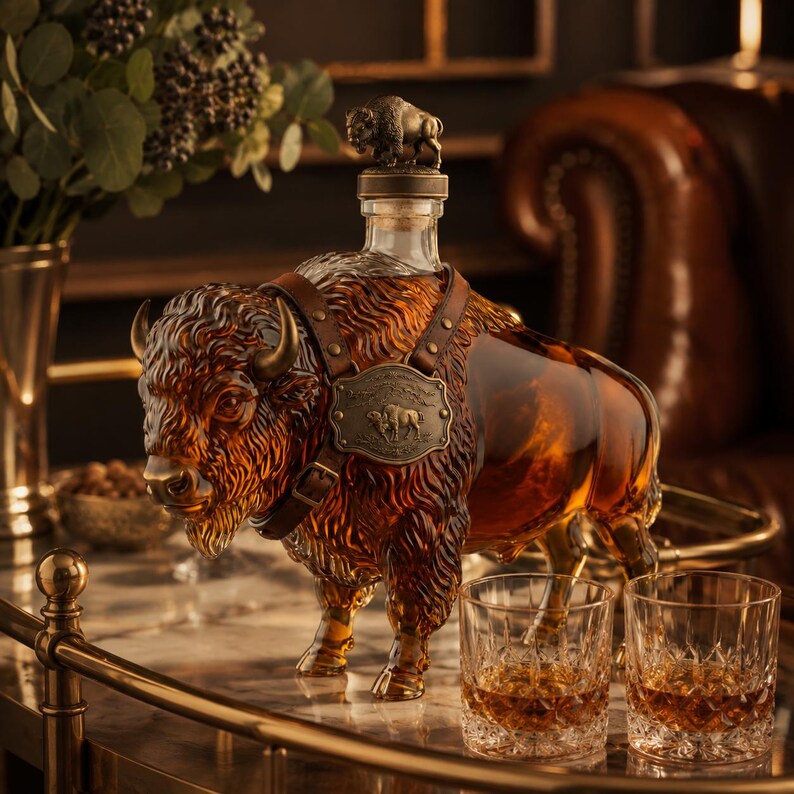 🐃 Bison Whiskey Decanter – 500ml Glass Buffalo Liquor Bottle & Bar Decor 🥃