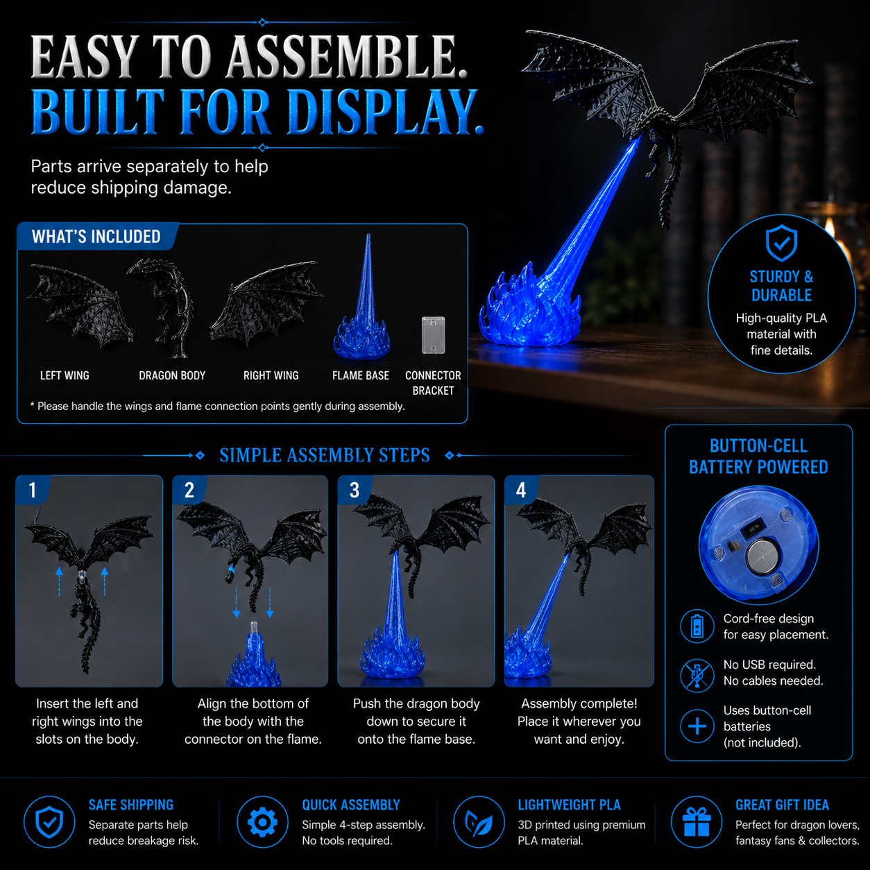 📚🐉 3D Dragon LED Book Nook Light 🔥 Magical Fantasy Shelf Decor