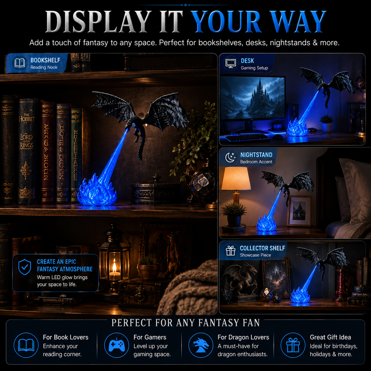 📚🐉 3D Dragon LED Book Nook Light 🔥 Magical Fantasy Shelf Decor