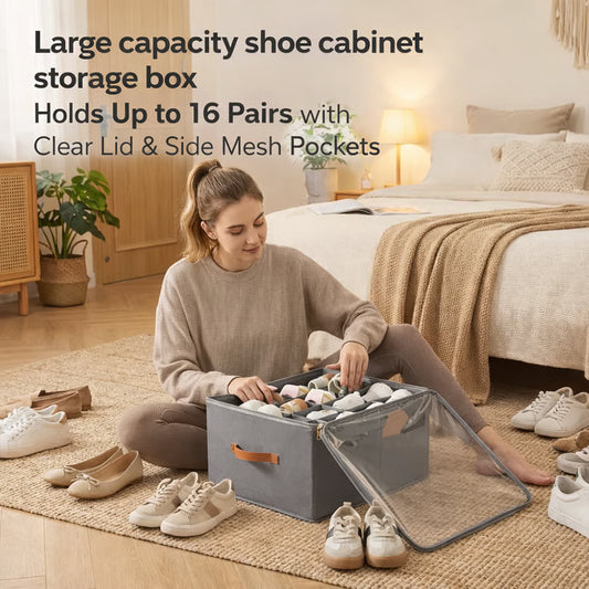 👟Large capacity shoe cabinet storage box Holds Up to 16 Pairs with Clear Lid & Side Mesh Pockets