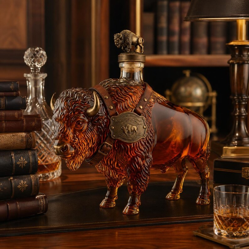 🐃 Bison Whiskey Decanter – 500ml Glass Buffalo Liquor Bottle & Bar Decor 🥃