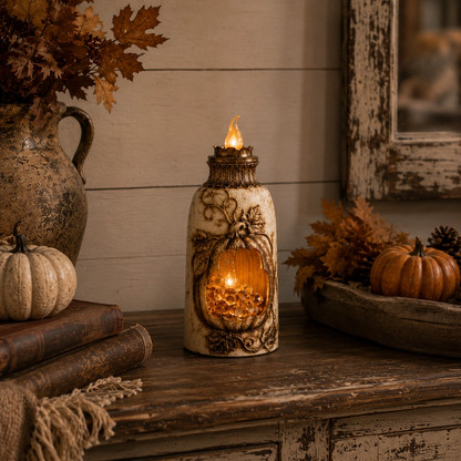 Vintage Lighted Pumpkin Lantern – Distressed Farmhouse Fall Decor with Warm Amber Glow