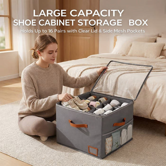 👟Large capacity shoe cabinet storage box Holds Up to 16 Pairs with Clear Lid & Side Mesh Pockets