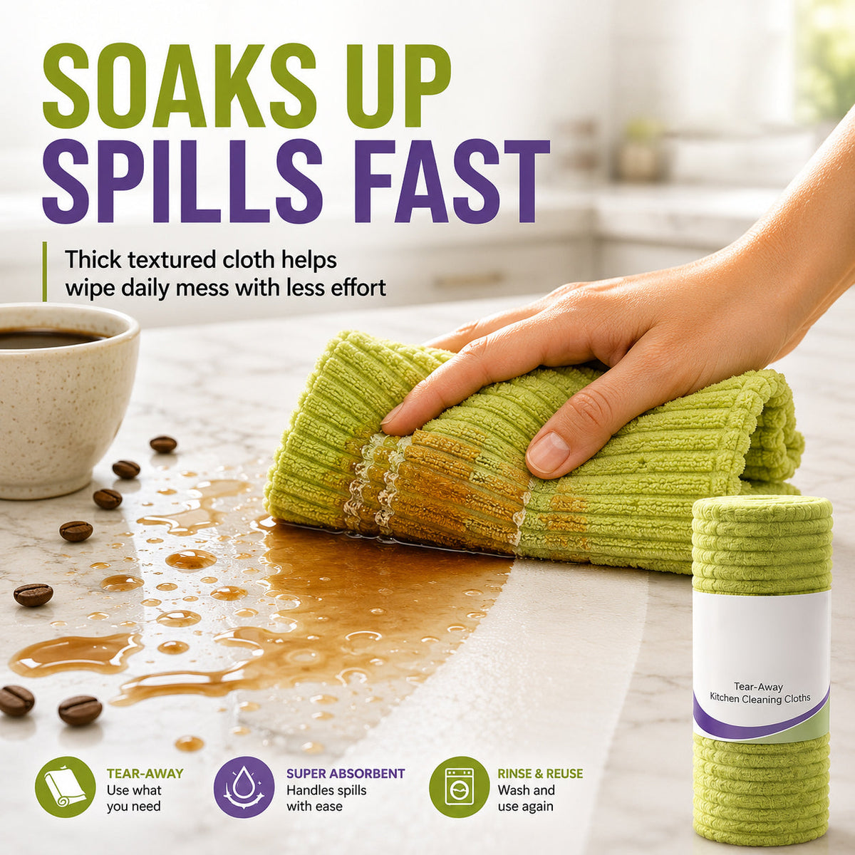🍃 Bamboo Fiber Cleaning Cloth Roll – Thick Absorbent Tear-Off Kitchen Towels for Grease, Spills & Everyday Cleaning
