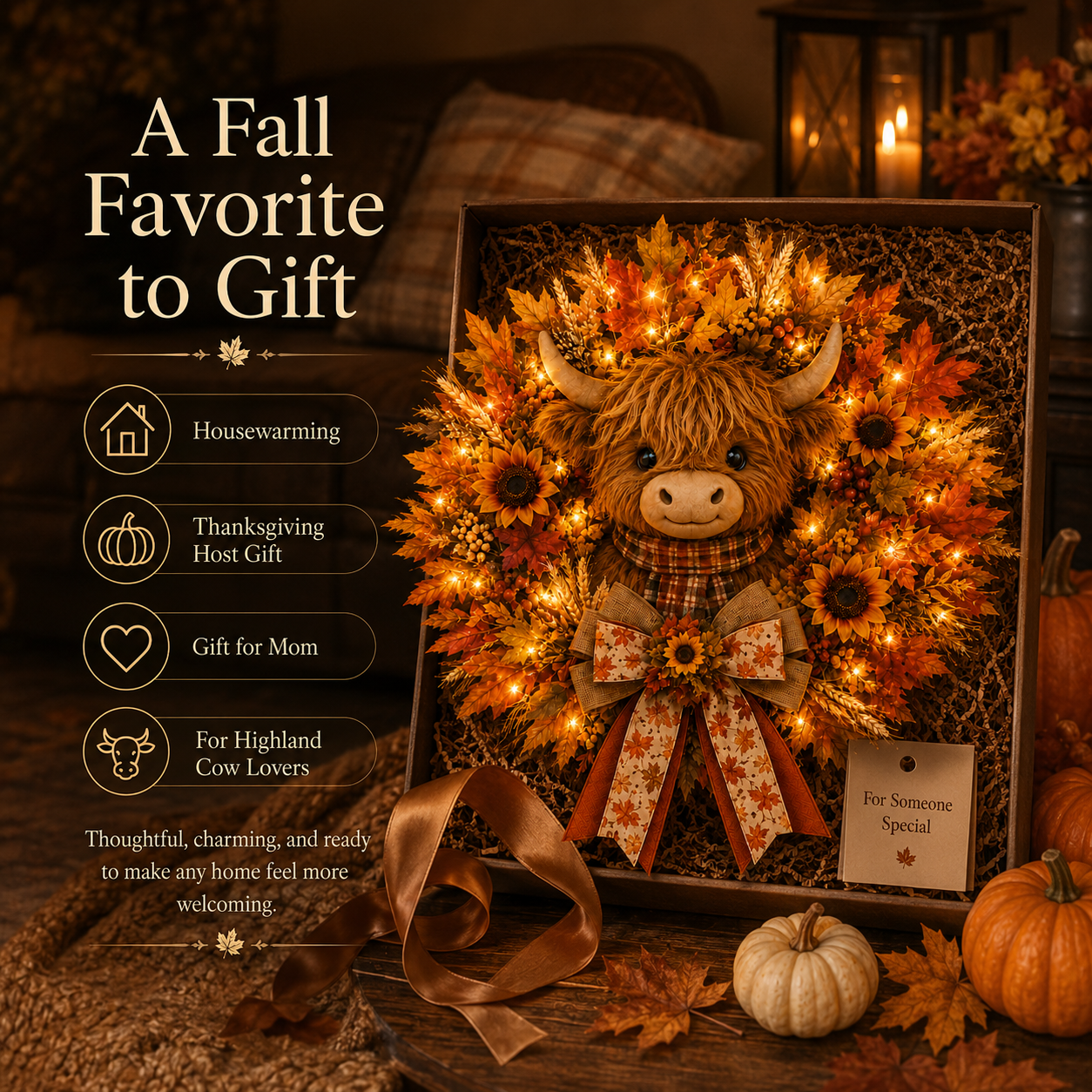 🍂🐮Autumn Highland cow wreath decoration with lights