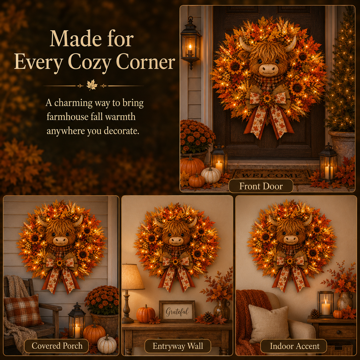 🍂🐮Autumn Highland cow wreath decoration with lights