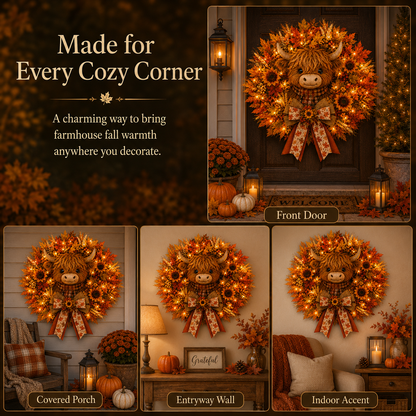 🍂🐮Autumn Highland cow wreath decoration with lights