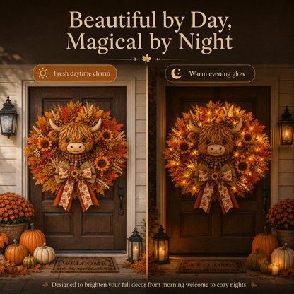 🍂🐮Autumn Highland cow wreath decoration with lights
