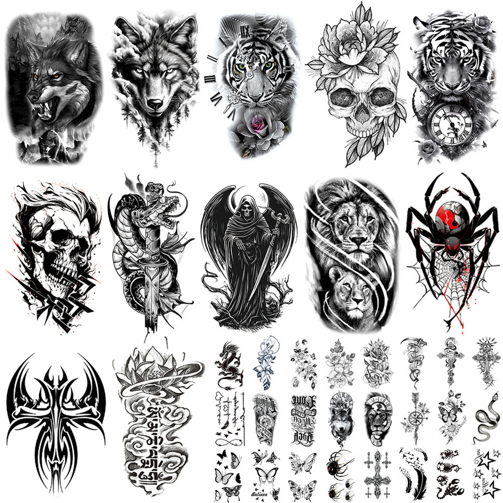 🔥HOT SALE 55% OFF🆒72 Sheets Large Black Temporary Tattoo Stickers - Tribal Wolves, Tigers, Lions, Snakes, Skulls