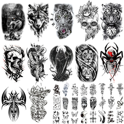 🔥HOT SALE 55% OFF🆒72 Sheets Large Black Temporary Tattoo Stickers - Tribal Wolves, Tigers, Lions, Snakes, Skulls