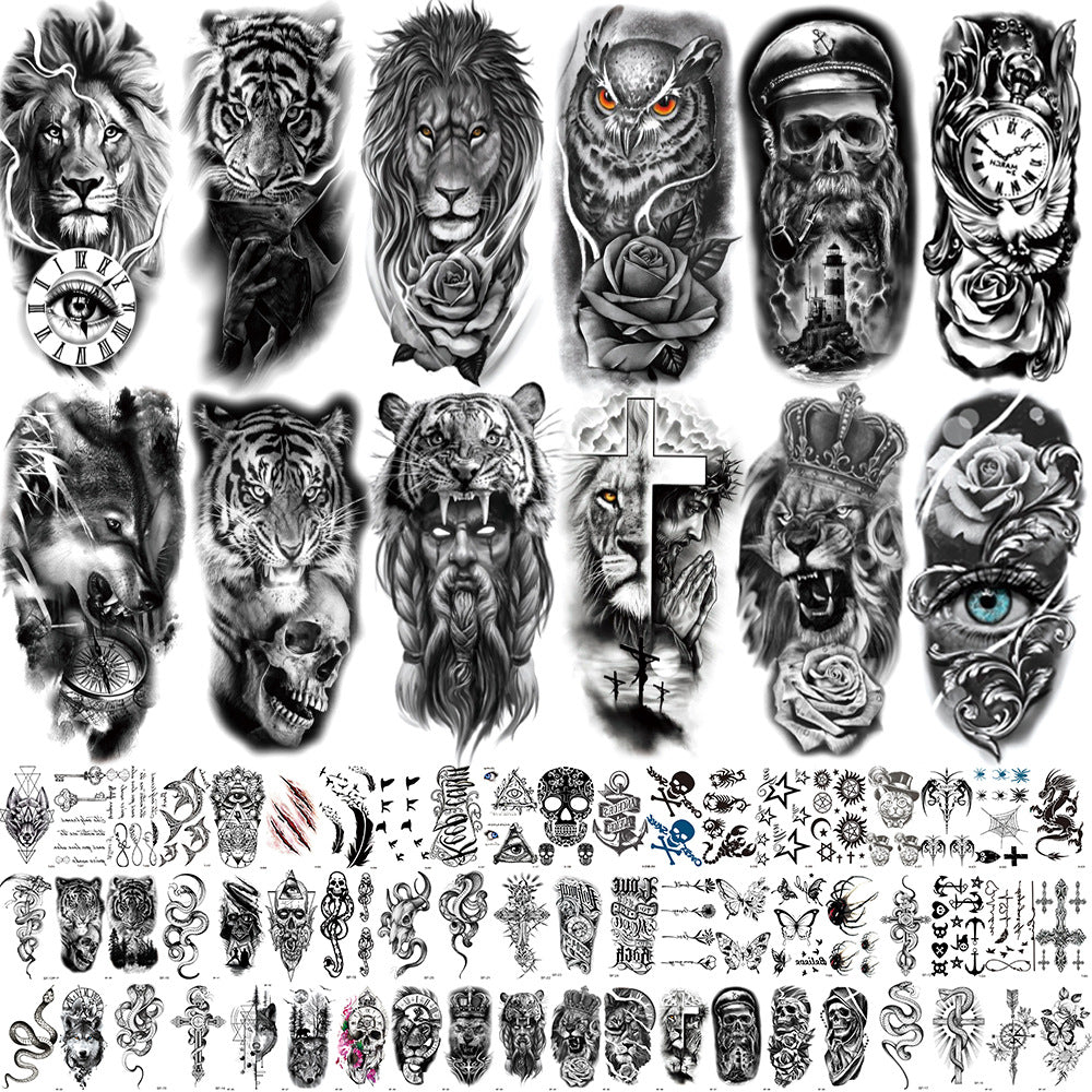 🔥HOT SALE 55% OFF🆒72 Sheets Large Black Temporary Tattoo Stickers - Tribal Wolves, Tigers, Lions, Snakes, Skulls
