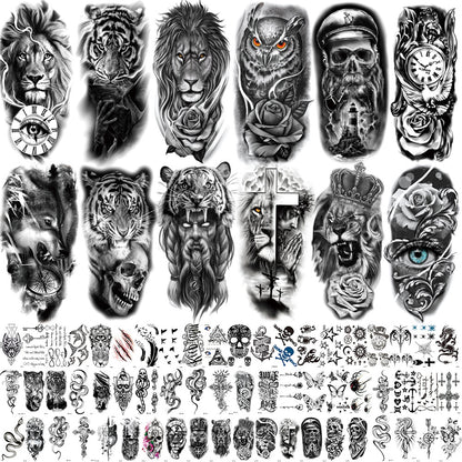 🔥HOT SALE 55% OFF🆒72 Sheets Large Black Temporary Tattoo Stickers - Tribal Wolves, Tigers, Lions, Snakes, Skulls