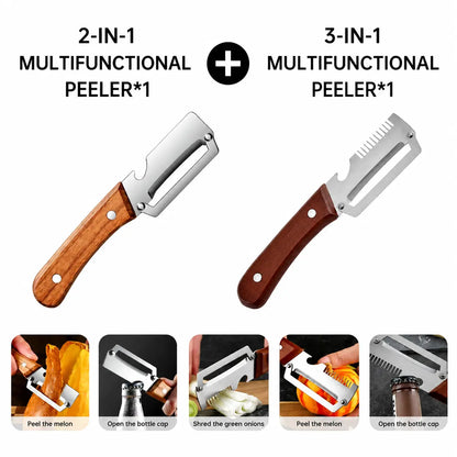 2 PCS Wood Handle Multifunction Kitchen Peeler for Peel, Slice & Bottle Opening