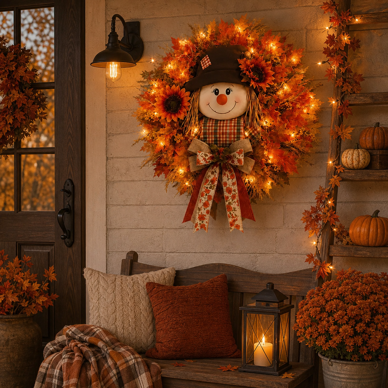 🔥🍁 Fall Favorite – Lighted Scarecrow Front Door Wreath & Free Shipping