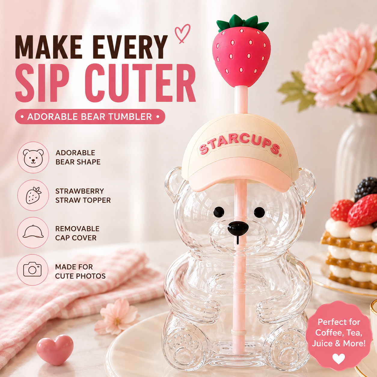 🔥 TODAY 55% OFF🐻Cute Teddy Bear Glass Tumbler with Bear Lid & Strawberry Straw – 20oz Reusable Cup