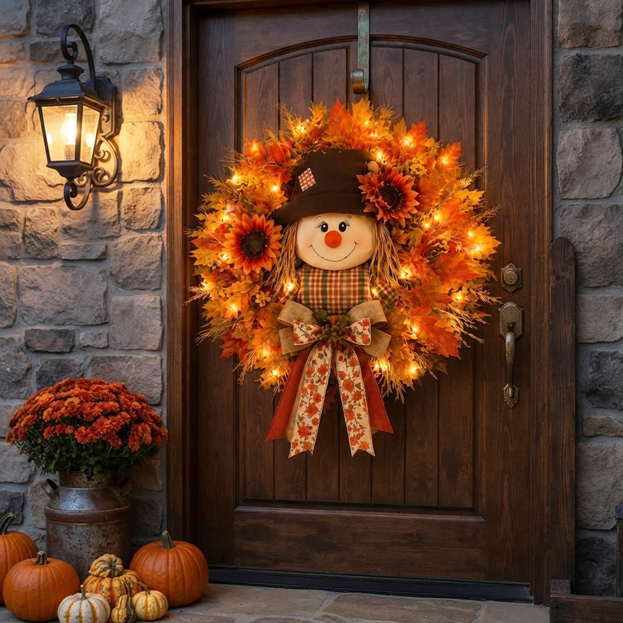 🔥🍁 Fall Favorite – Lighted Scarecrow Front Door Wreath & Free Shipping