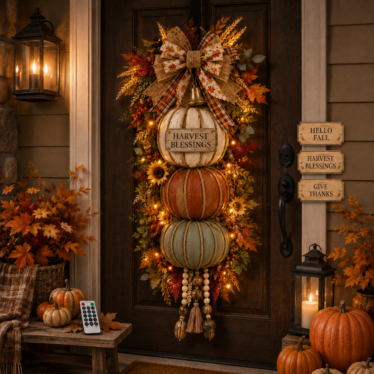 🏡🎃Rustic Wooden Pumpkin Door Hanging with Warm LED Lights