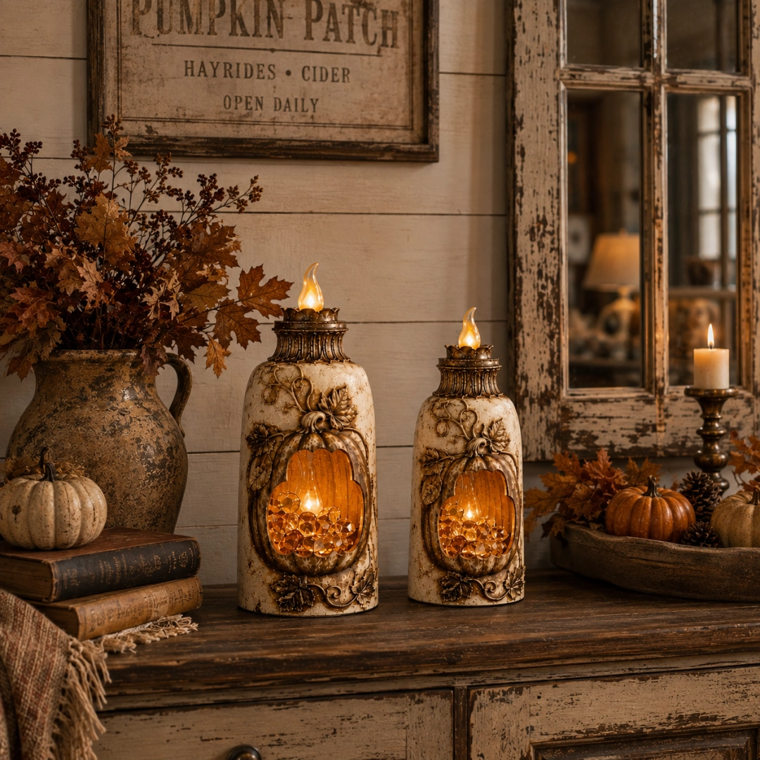 Vintage Lighted Pumpkin Lantern – Distressed Farmhouse Fall Decor with Warm Amber Glow