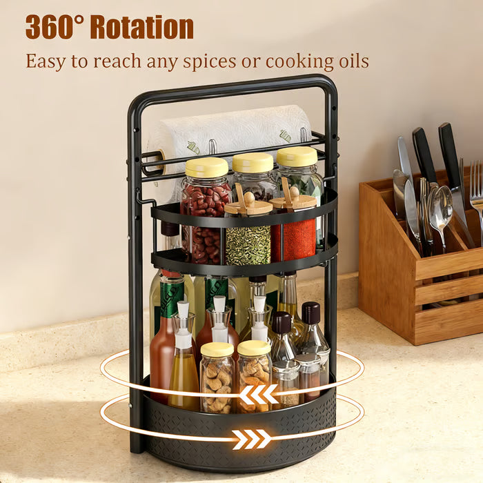 Rotating Spice Rack with Paper Towel Holder🧂🍳 2-Tier Lazy Susan Seasoning Organizer for Kitchen Countertop