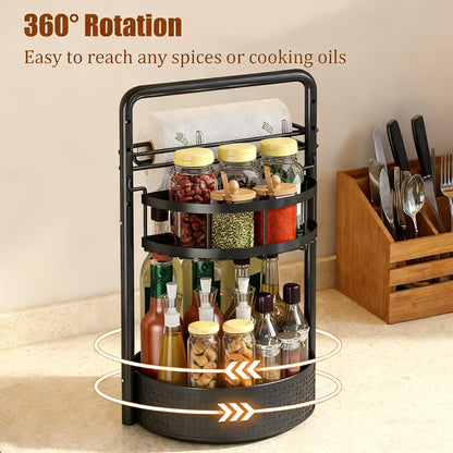 Rotating Spice Rack with Paper Towel Holder🧂🍳 2-Tier Lazy Susan Seasoning Organizer for Kitchen Countertop