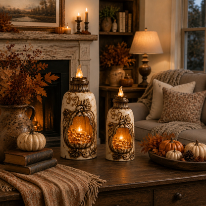 Vintage Lighted Pumpkin Lantern – Distressed Farmhouse Fall Decor with Warm Amber Glow