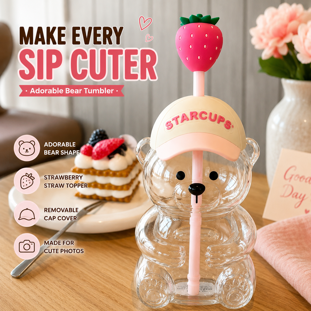 🔥 TODAY 55% OFF🐻Cute Teddy Bear Glass Tumbler with Bear Lid & Strawberry Straw – 20oz Reusable Cup