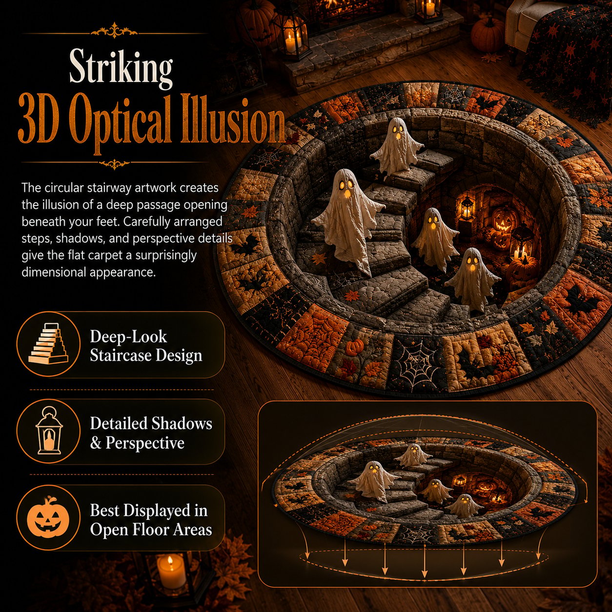 🔥HOT SALE 50%OFF👻3D Haunted Staircase Round Rug – Spooky Halloween Optical Illusion