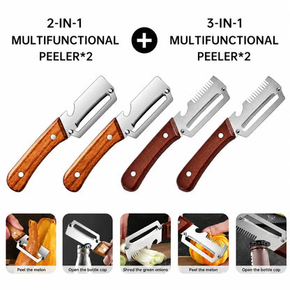 2 PCS Wood Handle Multifunction Kitchen Peeler for Peel, Slice & Bottle Opening