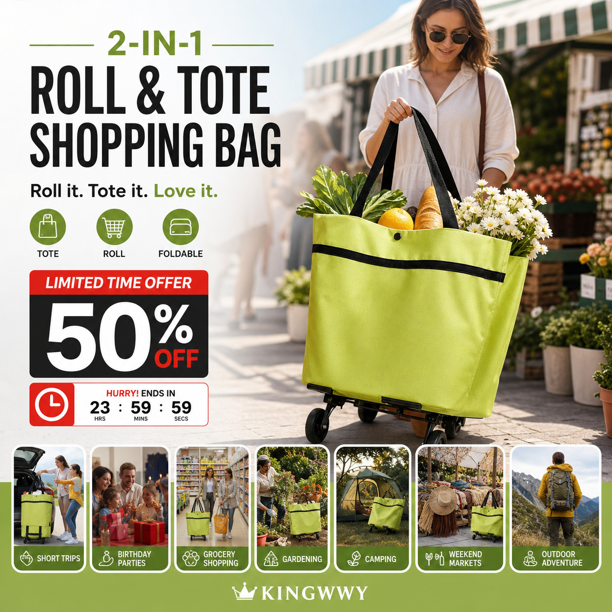 🌱✨ Limited Time 46% OFF✨ Collapsible Rolling Shopping Bag, Portable Foldable Wheeled Grocery Tote Bag Reusable Handbag For Supermarket Market Travel