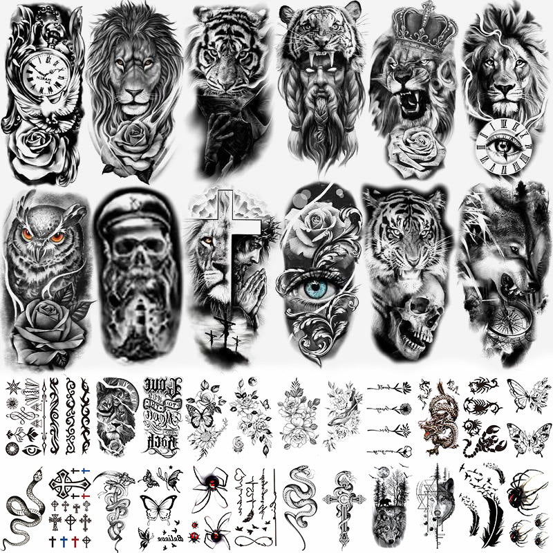 🔥HOT SALE 55% OFF🆒72 Sheets Large Black Temporary Tattoo Stickers - Tribal Wolves, Tigers, Lions, Snakes, Skulls
