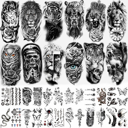 🔥HOT SALE 55% OFF🆒72 Sheets Large Black Temporary Tattoo Stickers - Tribal Wolves, Tigers, Lions, Snakes, Skulls
