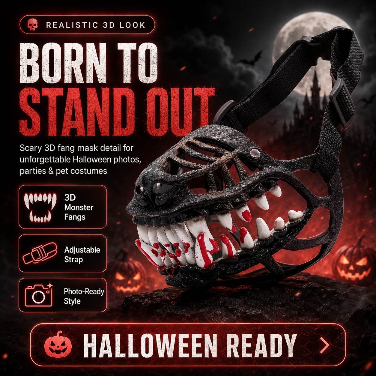 🎃 Realistic 3D Monster Fang Dog Mask – Scary Halloween Pet Costume for Photos, Parties & Night Walks 🐺