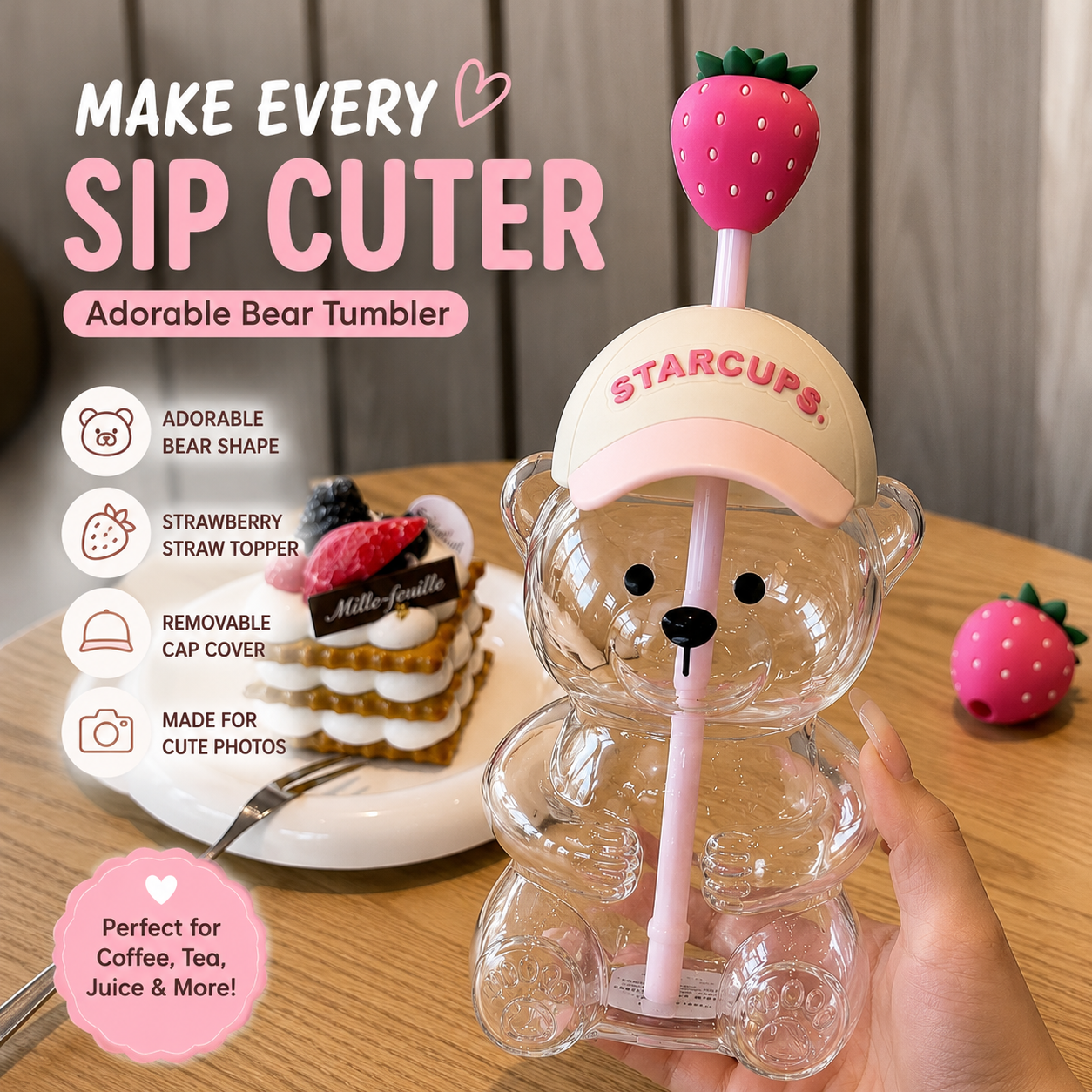 🔥 TODAY 55% OFF🐻Cute Teddy Bear Glass Tumbler with Bear Lid & Strawberry Straw – 20oz Reusable Cup