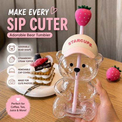 🔥 TODAY 55% OFF🐻Cute Teddy Bear Glass Tumbler with Bear Lid & Strawberry Straw – 20oz Reusable Cup