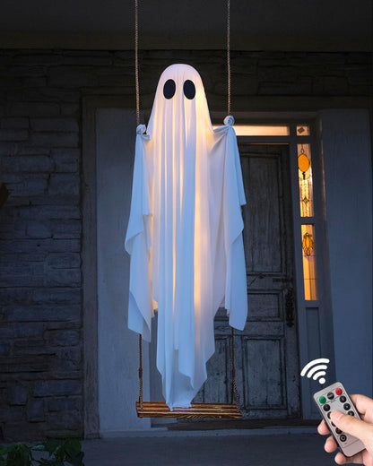 🎁50% OFF TODAY🎃👻Halloween Decorations OutdoorHanging Swing Ghost Halloween Decor with String Lights, Spooky Cute Ghosts Decorations for Front Porch Yard Tree