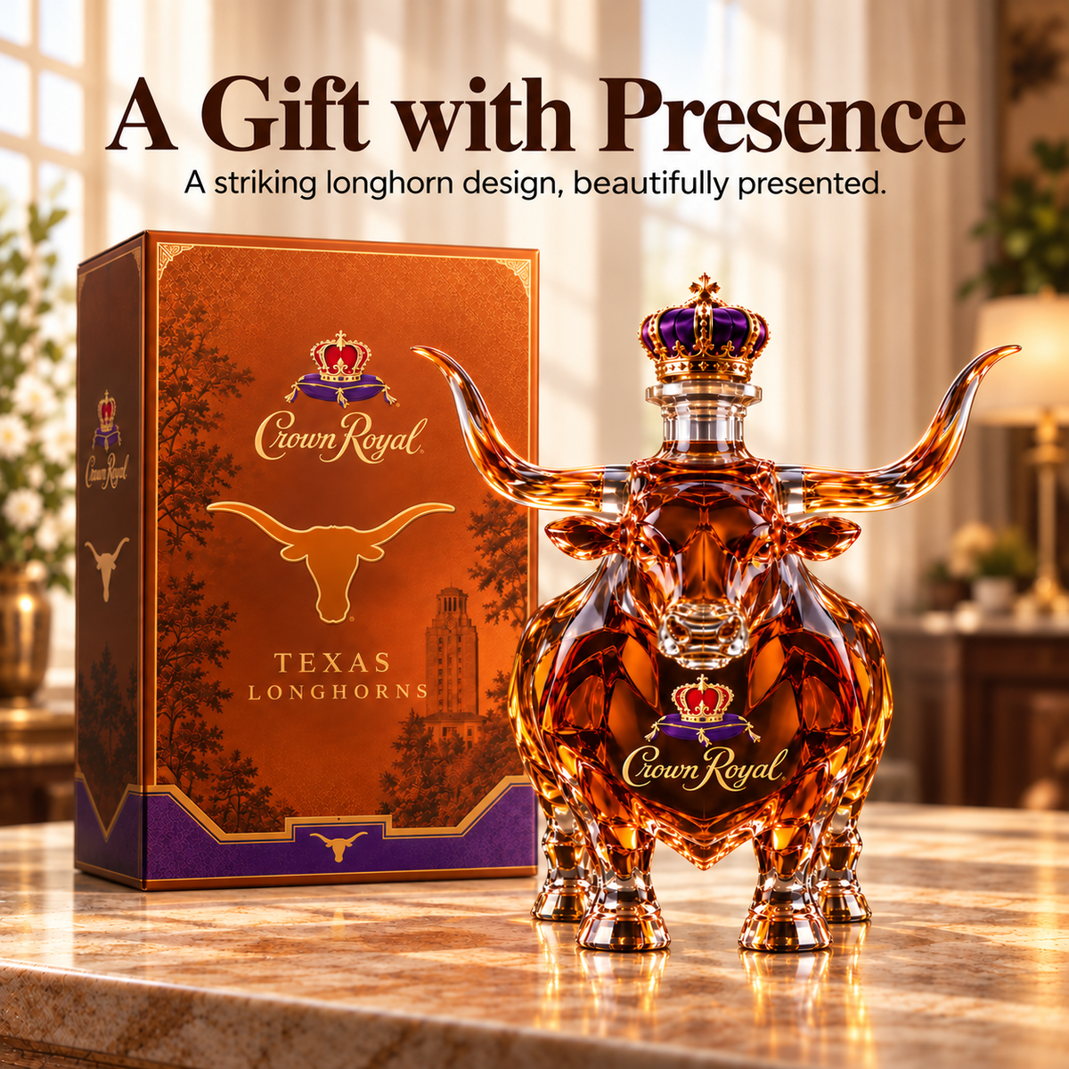🐂 Texas Longhorn Collector’s Bottle 👑 Sculpted Display & Gift Box