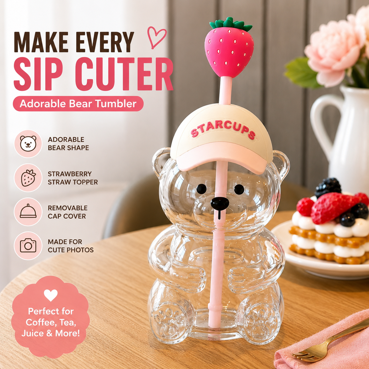 🔥 TODAY 55% OFF🐻Cute Teddy Bear Glass Tumbler with Bear Lid & Strawberry Straw – 20oz Reusable Cup